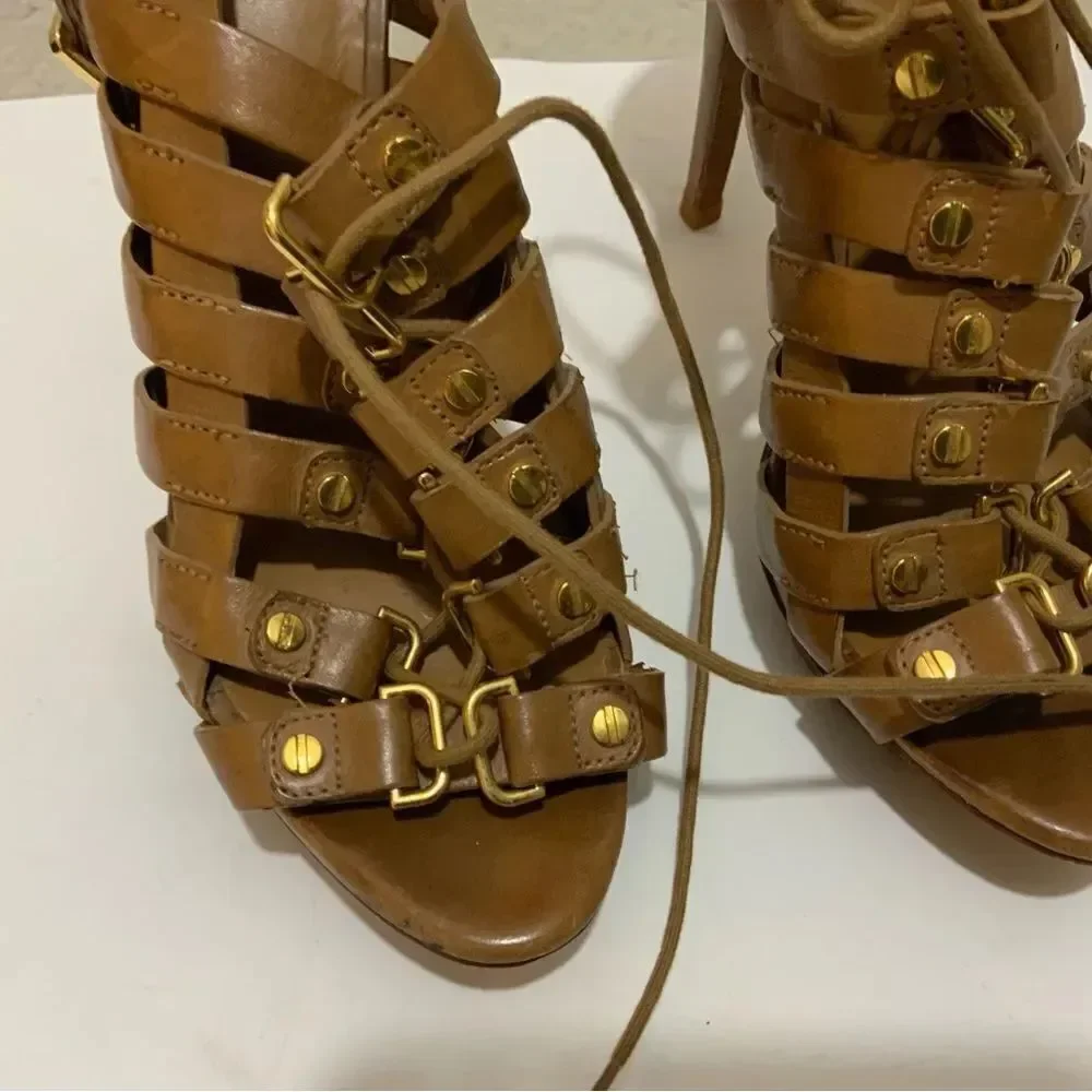 Tory Burch Gladiator Lace Up studded gold platform sandals Tan size 7.5 M